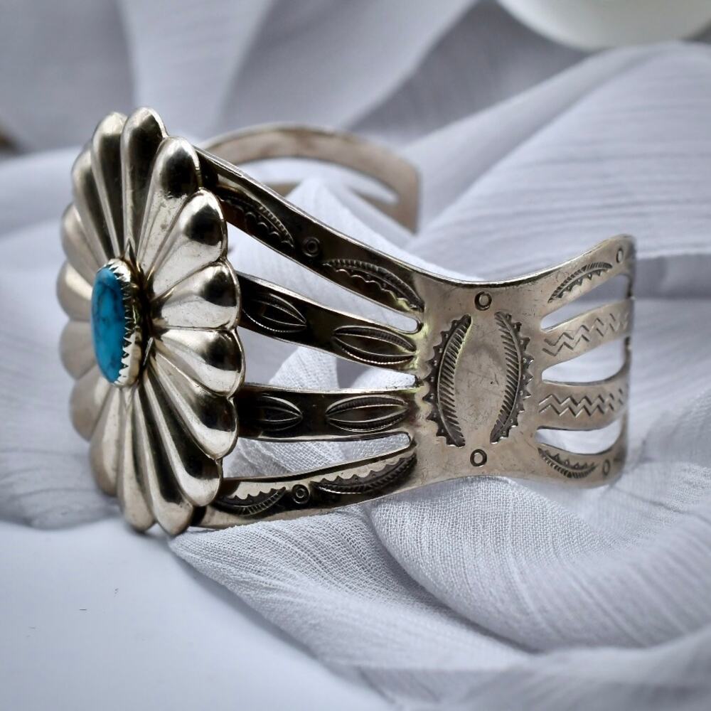 Vintage Bell Trading Post Nickel Silver Turquoise Cuff Bracelet Size 7 - Picture 5 of 11